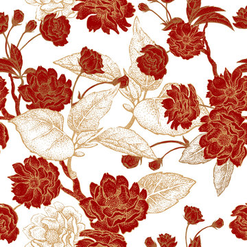 Vector seamless pattern with flowers of the Chinese plum.