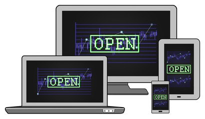 Open stock market concept on different devices