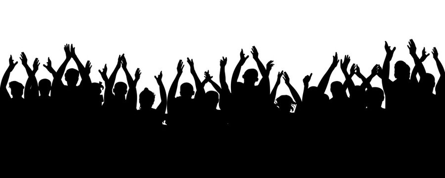 Applause audience. Cheerful mob fans applauding, clapping. Crowd people cheering, cheer hands up. Party, concert, sport. Vector silhouette