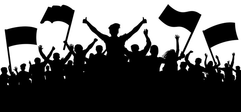 Silhouette cheer crowd people. Audience cheering applause, clapping. Cheerful sports fan. Mob soccer banner. Party music concert. Demonstration, protest, strike, revolution, riot. Isolated vector