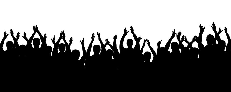 Crowd people cheering, cheer hands up. Applause audience. Spectators theater. Cheerful mob fans applauding, clapping. Party, concert, sport. Vector silhouette