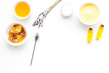 Honey as product for body, face and hair care. Cosmetics with honey. White background top view copy space