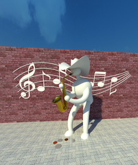 Street musician performance 3D illustration. Saxophone player, fictional character, notes, music, blue sky background. Collection.