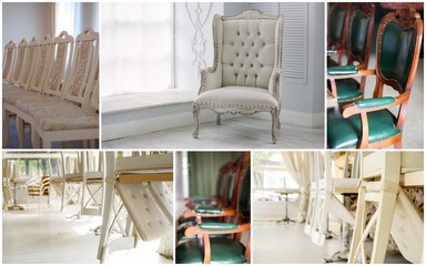 Wedding rentals collage - chairs and other furniture for guests.