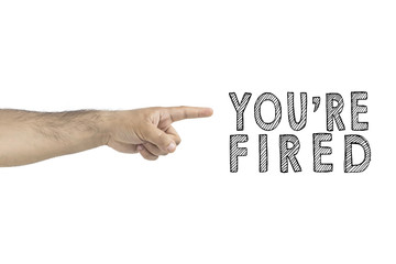 HR, business, concept. You are fired. boss gesturing way out hand sign with index finger. BUSINESSMAN FIRED EMPLOYEE.