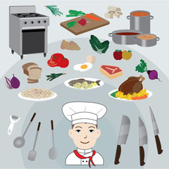 Colorful flat-lay of caucasian male cook,surrounded with food and cooking elements. Vector illustration.