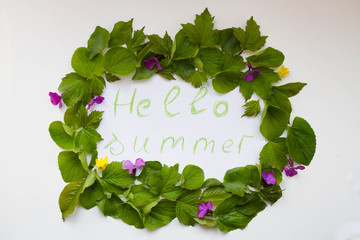 Summer lettering, summer motto. Frame of green leaves and flowers on a white background. Place for inscription