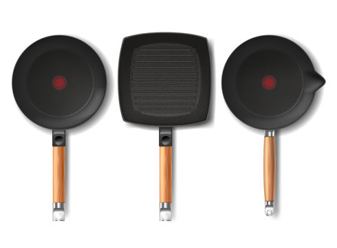 Vector set with realistic black frying pans of various shapes, with red thermo-spot indicator and non-stick coating isolated on background. Modern cookware, kitchen equipment for frying, cooking food