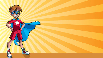 Illustration of super hero boy smiling happy while wearing blue cape against ray light background for copy space.