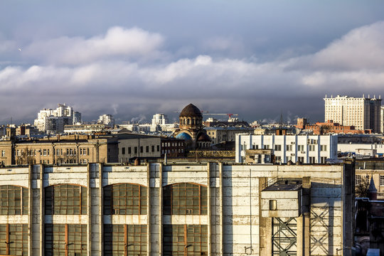 View of the roofs and buildings of Vasilevsky island from a height in St. Petersburg