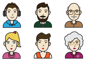 Color set of six avatar icons.Family members,and aging process concept.Vector illustration.
