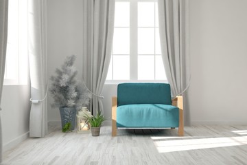 Inspiration of white minimalist room with armchair. Scandinavian interior design. 3D illustration