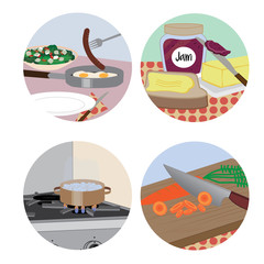Set of four food preparation color icons. Vector illustration.