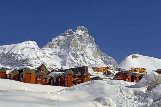Matterhorn peak - Monte Cervino, Italy. Mountain situated on the border between Switzerland and Italy, over the Swiss Zermatt and the Italian town of Breuil-Cervinia