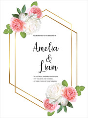 Floral wedding invitation card with garden rose,peonies and leaves in watercolor style.Greenery...