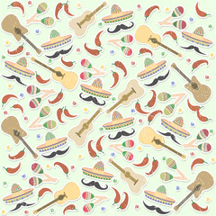 Fototapeta na wymiar Beautiful textured background for the holiday cinco de mayo banner, logo, postcard, menu. Mexico,, musical instruments, maracas, hats, sombrero, guitar, chili, mustache, cactus, colorful. vector eps10