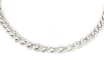 Silver necklace on white background.