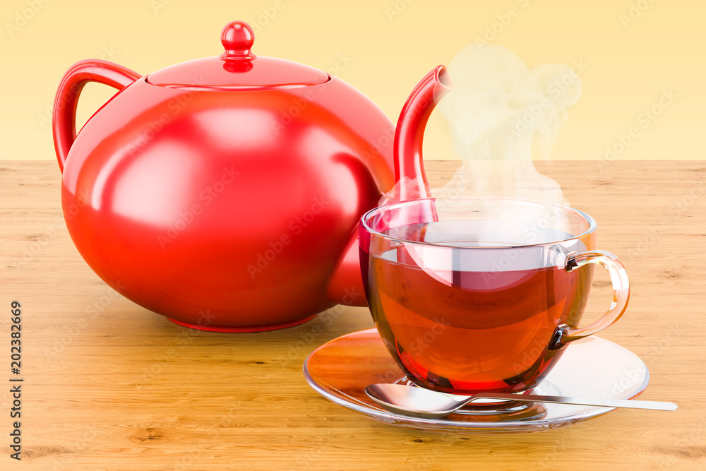 Poster cup of tea with teapot on the wooden table. 3d rendering