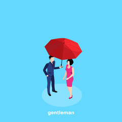 a man in a business suit is holding an umbrella over a woman standing next to her, an isometric image