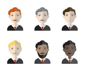 Fototapeta premium Set of six avatar icons representing male judges of different nationalities and skin color. Vector illustration.