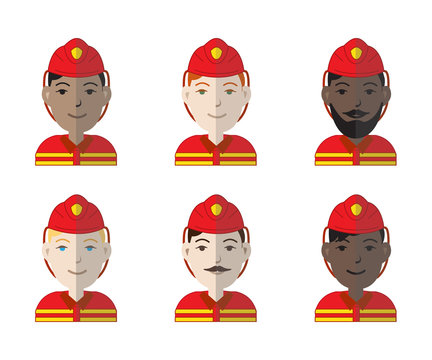 Colorful set of six avatar icons of racially diverse firemen. Vector illustration.