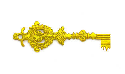 Antique medieval golden key on white background.