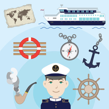 Colorful set of maritime icons.Captain of the ship surrounded with naval elements.Vector illustration. 