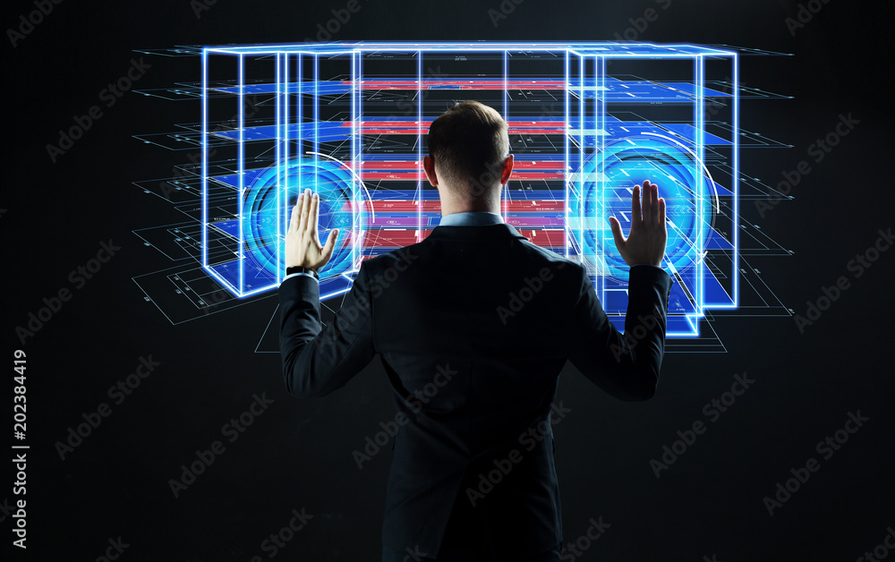 Wall mural architecture, technology and construction concept - businessman with virtual building blueprint projection on screen