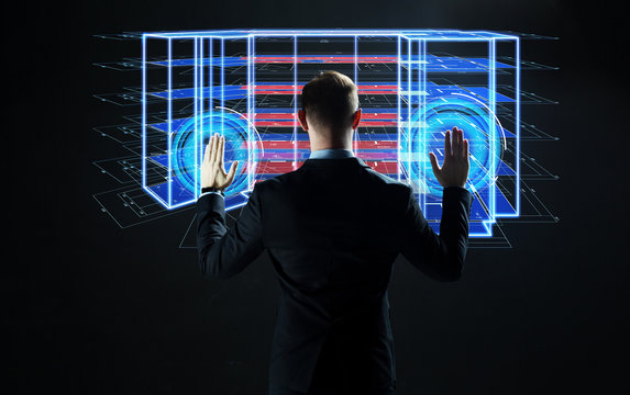 architecture, technology and construction concept - businessman with virtual building blueprint projection on screen - Powered by Adobe