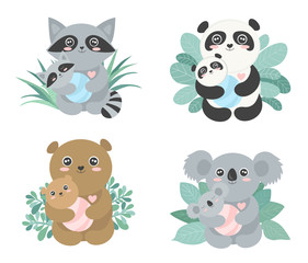 Set of Vector cute animal moms with babies in the bushes.