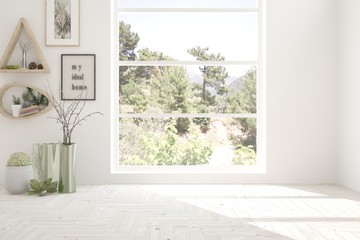 Obraz na płótnie Canvas White empty room with decor and summer landscape in window. Scandinavian interior design. 3D illustration