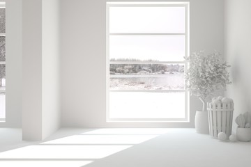 White empty room with decor. Scandinavian interior design. 3D illustration