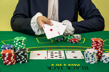 Woman play black jack in casino, gambling