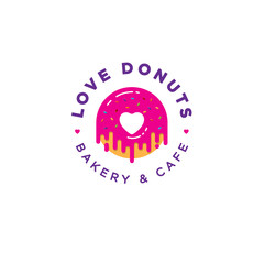 Love Donut logo. Bakery and donuts cafe emblem. Pink Donut with heart logo. A beautiful Donut with cream and small candies. Japanese style.