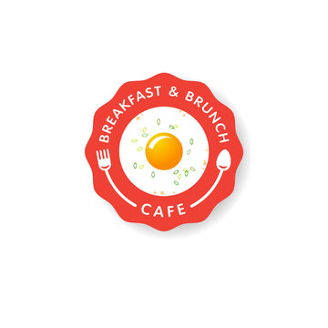 Breakfast And Brunch Cafe Logo. Fried Egg And Green Onion With A Fork And Spoon. Breakfast And Brunch Restaurant Emblem.