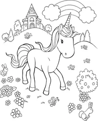 Foto op Plexiglas Eenhoorn Pony Paard Sprookjeskasteel Vector Illustratie Art © Blue Foliage