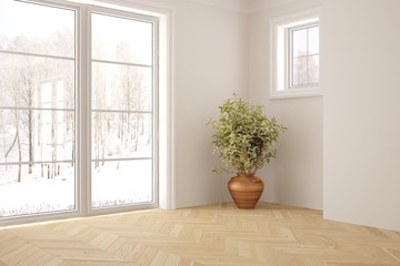 White empty room with winter landscape in window. Scandinavian interior design. 3D illustration