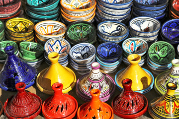 Multicolored pottery on sale in Marrakech, Morocco