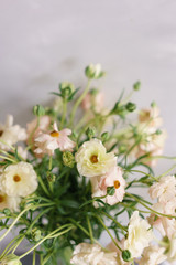 Obraz na płótnie Canvas beautiful buttercups Bush flowers in a vase on a table . Bouquet of light pink flower. Decoration of home. Wallpaper and background. Vertical photo