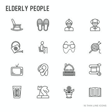 Elderly people thin line icons set: grandmother, grandfather, glasses, slippers, knitting, rocking chair, hearing aid, flowers. Modern vector illustration