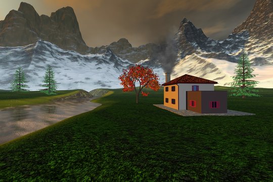 House in the countryside, an alpine landscape, coniferous trees, river, snowy mountains and a cloudy sky.