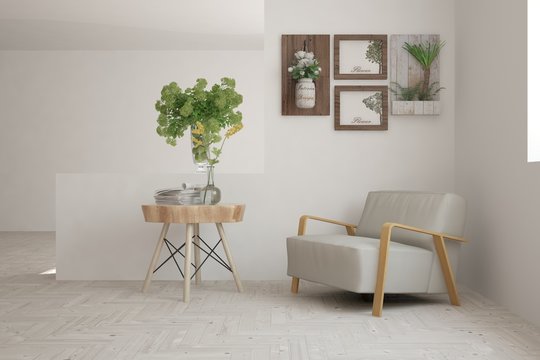 Inspiration of white minimalist room with armchair and home decor. Scandinavian interior design. 3D illustration