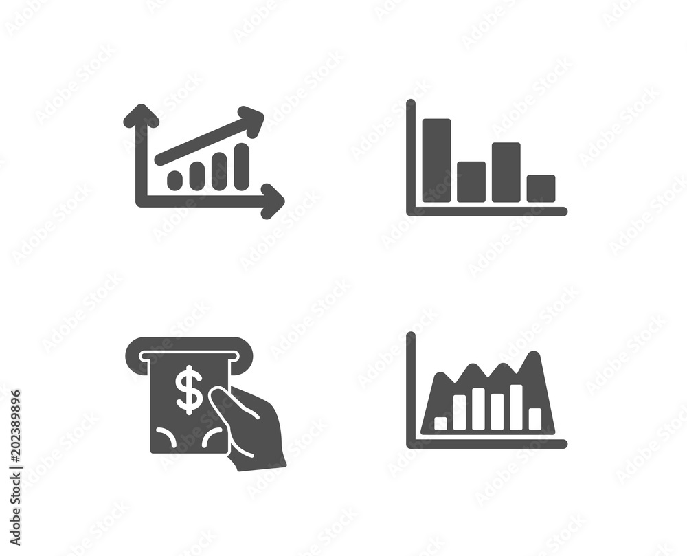 Poster set of chart, histogram and atm service icons. infographic graph sign. presentation chart, economic 