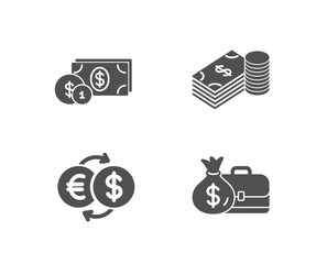 Set of Dollar money, Money exchange and Savings icons. Salary sign. Cash with coins, Eur to usd, Finance currency.  Quality design elements. Classic style. Vector