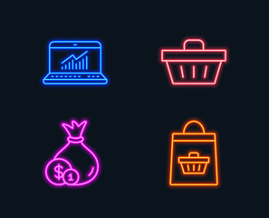 Neon lights. Set of Cash, Online statistics and Shopping basket icons. Online buying sign. Banking currency, Computer data, Sale offer. Shopping cart.  Glowing graphic designs. Vector