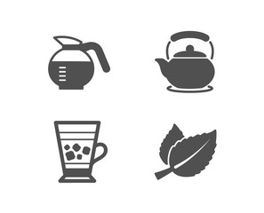 Set of Coffeepot, Frappe and Teapot icons. Mint leaves sign. Brewed coffee, Cold drink, Tea kettle. Mentha herbal.  Quality design elements. Classic style. Vector
