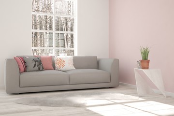 White room with sofa and winter landscape in window. Scandinavian interior design. 3D illustration