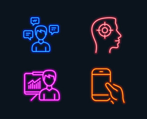 Neon lights. Set of Presentation, Recruitment and Conversation messages icons. Hold smartphone sign. Education board, Headhunter aim, Communication. Phone call.  Glowing graphic designs. Vector