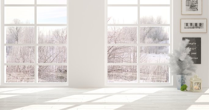 White empty room with home decor and winter landscape in window. Scandinavian interior design. 3D illustration
