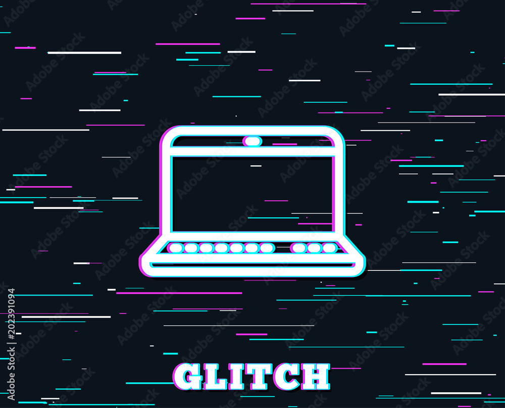 Poster glitch effect. laptop computer icon. notebook sign. portable personal computer symbol. background wi